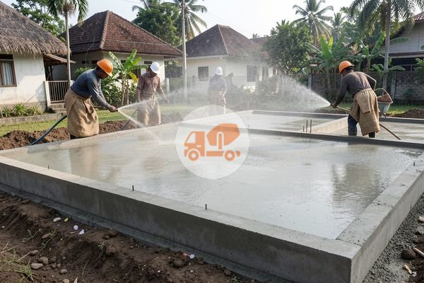 Pekerja sedang melakukan curing beton dengan karung goni basah